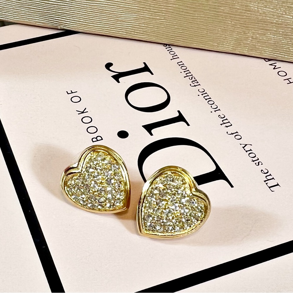 |SOLD| Christian Dior Gold Plated Heart Earrings w/ Swarovski Crystals - Picture 2 of 8